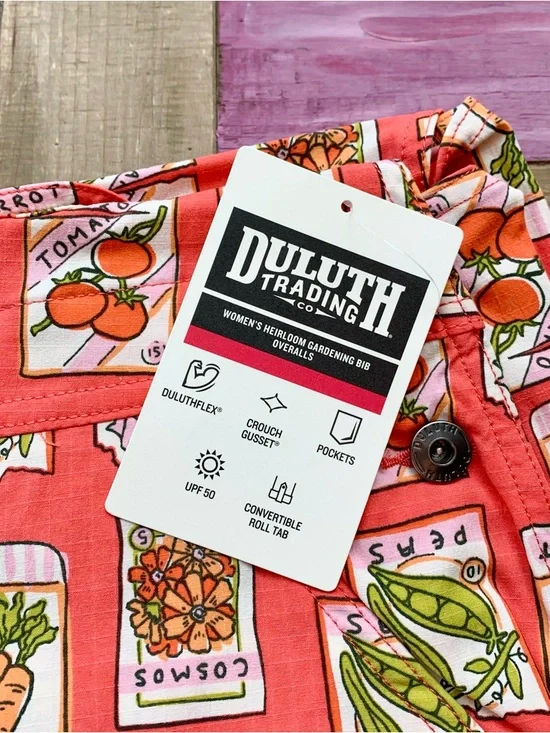 NWT Duluth Medium x35L Heirloom Gardening Bib Overalls Coral Seed Packets Farm - Picture 6 of 9